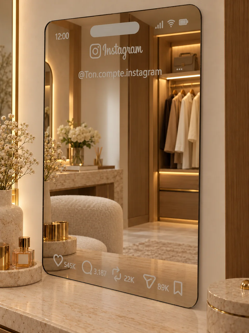 Miroir Instagram éteint avec @Ton.compte.instagram et reflet d’un dressing chaleureux